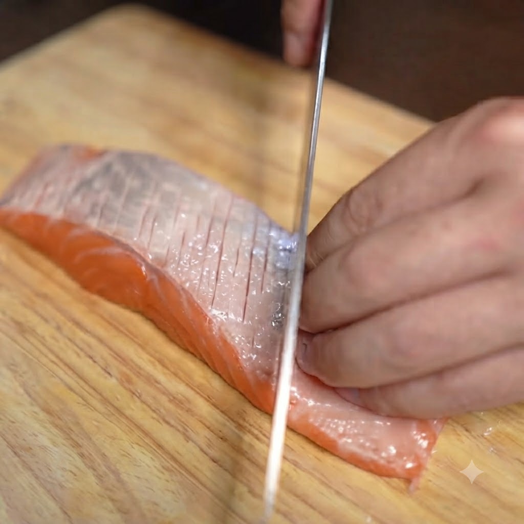 Un coltello da cucina che esegue precise incisioni diagonali sulla superficie di un filetto di salmone.