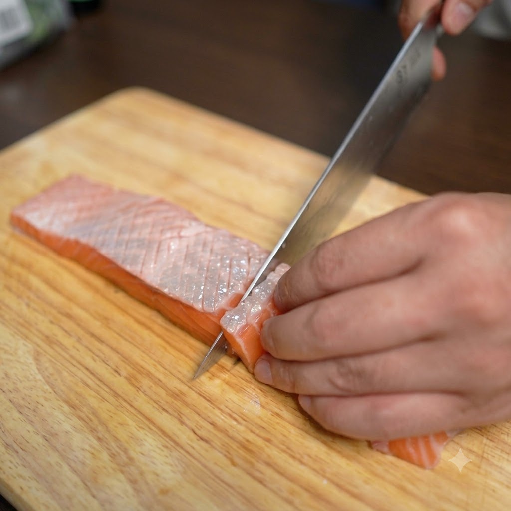 Bacchette che posizionano spesse fette di salmone crudo in disposizione circolare sopra il riso allinterno di una ciotola scura.