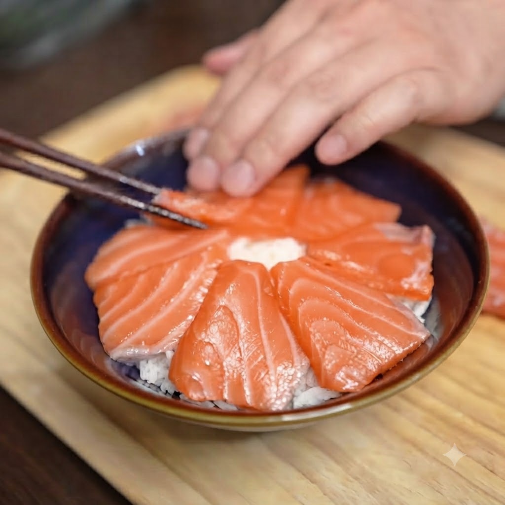 Un singolo tuorlo duovo crudo che riposa perfettamente al centro di una ciotola di riso guarnita con salmone.