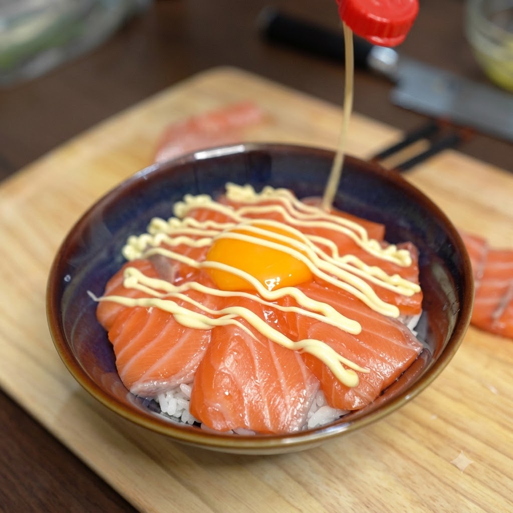 Maionese che viene fatta colare da una bottiglia dosatrice con un motivo a croce sopra una ciotola di riso al salmone.