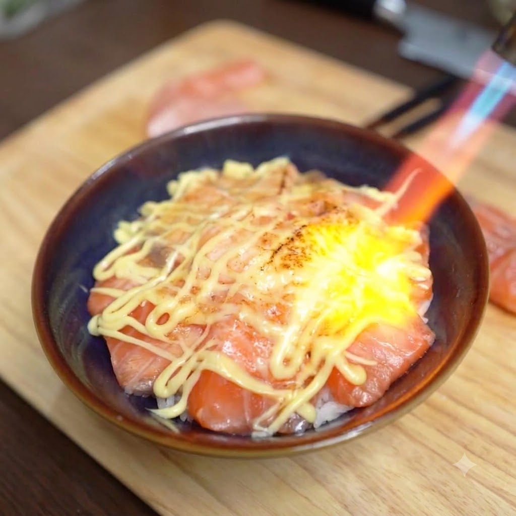 Una fiamma blu e arancione proveniente da un cannello da cucina che caramelizza una copertura di maionese cremosa su una ciotola di salmone.