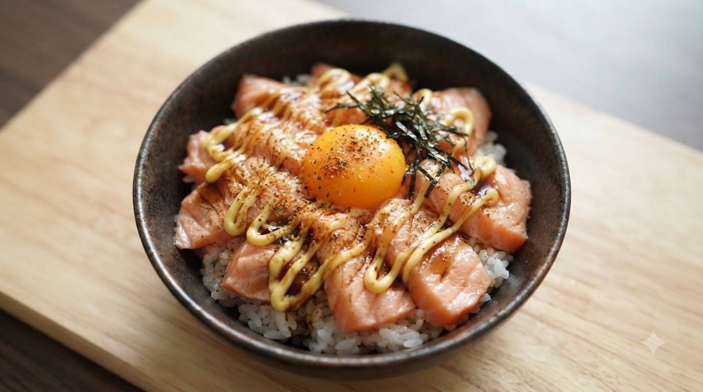 Donburi di Salmone Scottato (Aburi Sake Don)