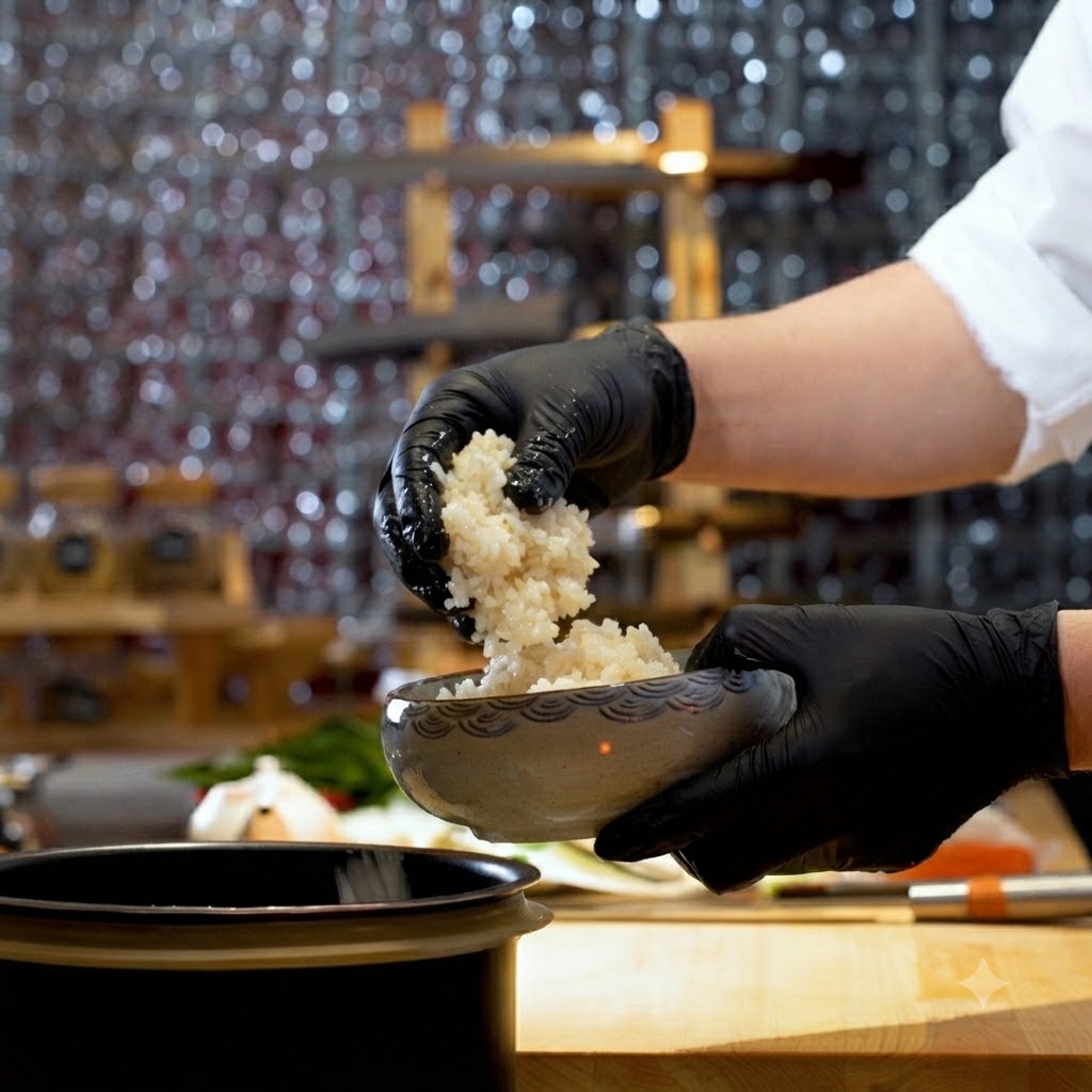 Una persona con guanti neri che mette del riso tiepido per sushi in una ciotola di ceramica decorata.