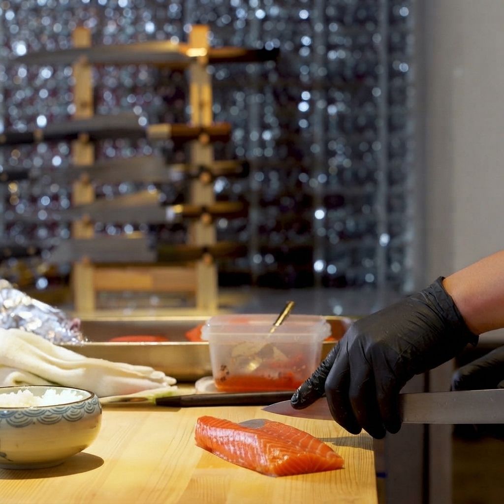Filetto di salmone fresco tagliato a pezzetti su un tagliere di legno con un coltello.