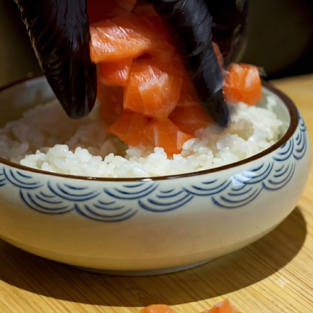 Cubetti di salmone posizionati sopra uno strato di riso per sushi in una ciotola di ceramica.
