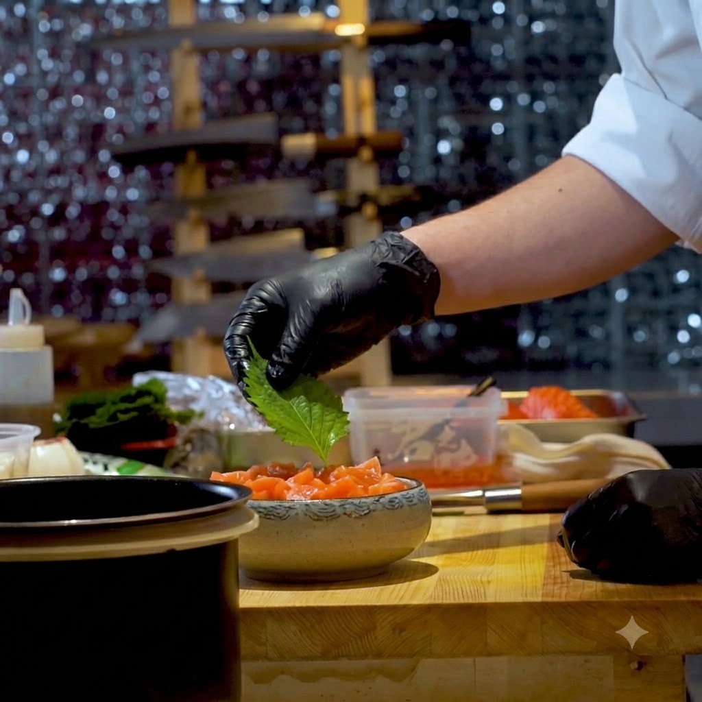 Una foglia verde e fresca di shiso posta sopra il salmone nella ciotola di riso.