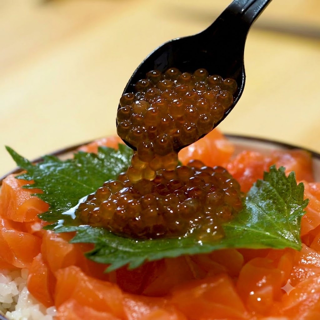 Uova di salmone versate da un cucchiaio nero su una foglia di shiso e sul salmone.