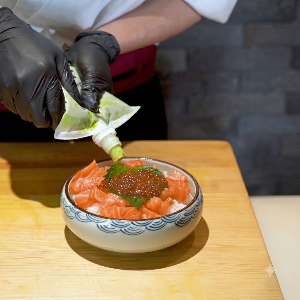 Wasabi spremuto da un sac à poche sulla ciotola di riso con salmone appena preparata.