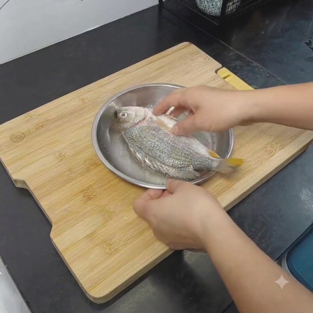 Mani che massaggiano olio e sale su un pesce crudo in un piatto.