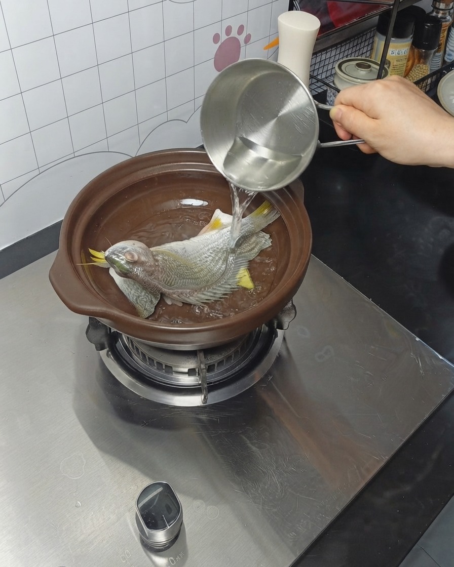 Acqua versata da un contenitore di metallo in un tegame di terracotta con il pesce.