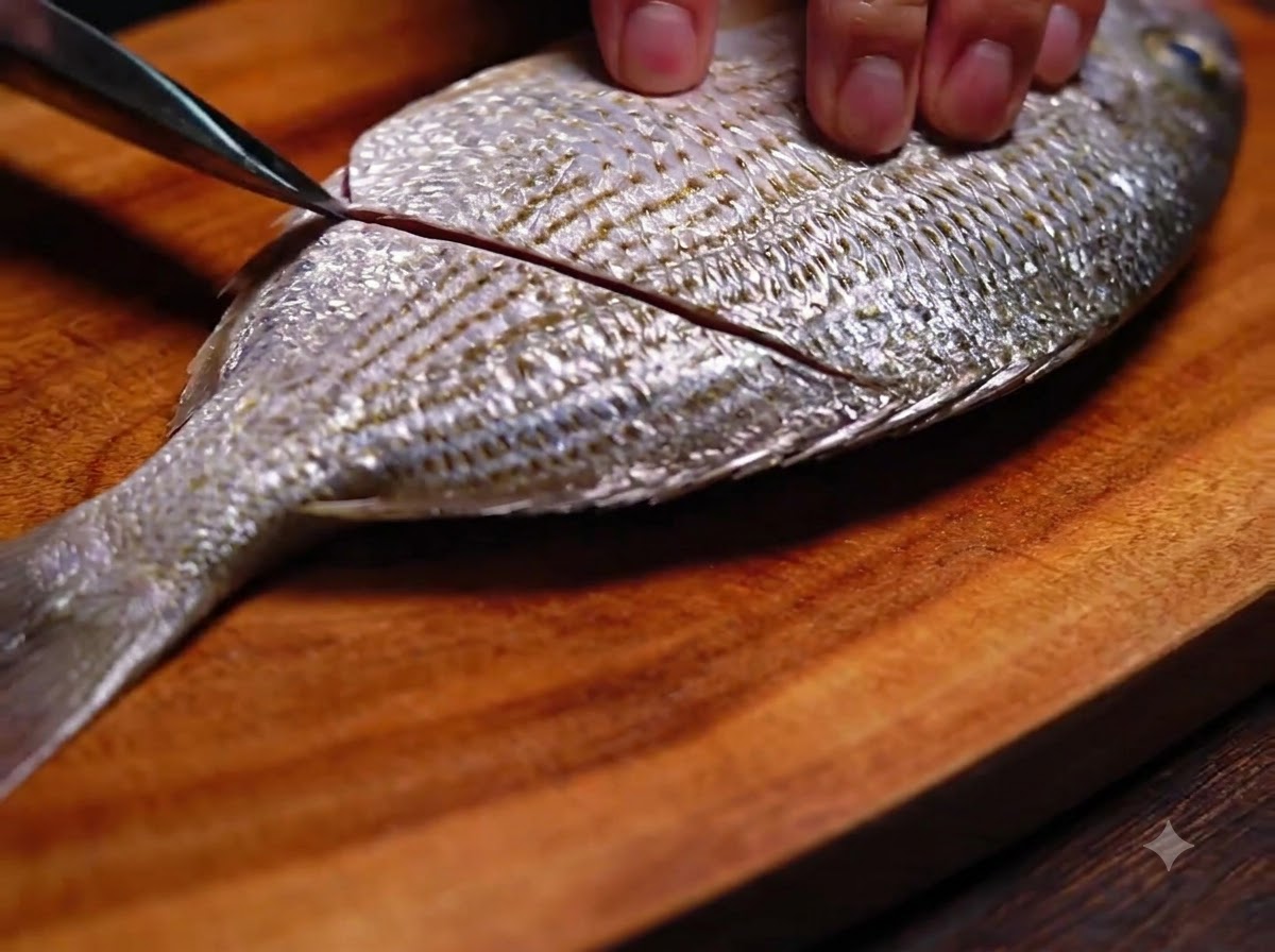 Una mano che usa un coltello per tagliare con cura unincisione diagonale sul lato di unorata cruda.