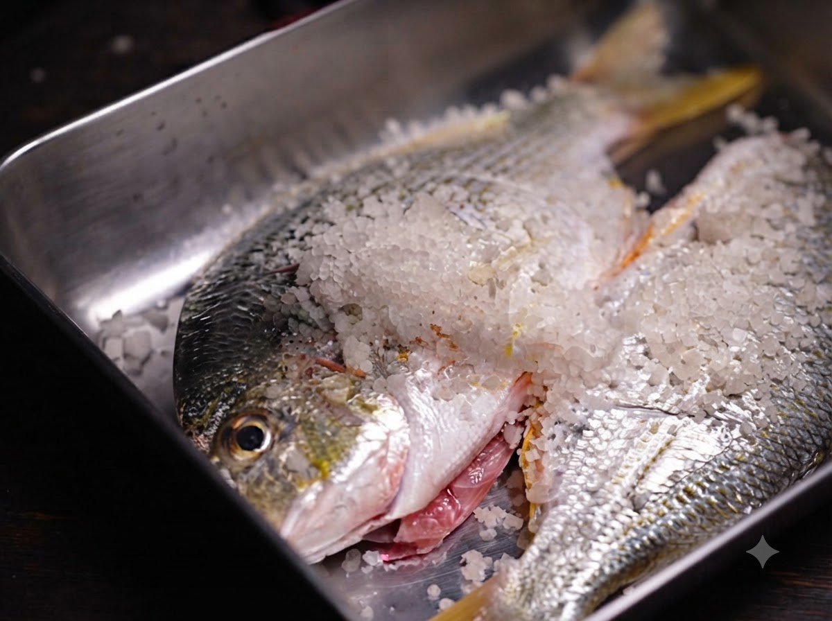 Unorata adagiata in un vassoio di metallo, generosamente ricoperta di grossi cristalli di sale marino.