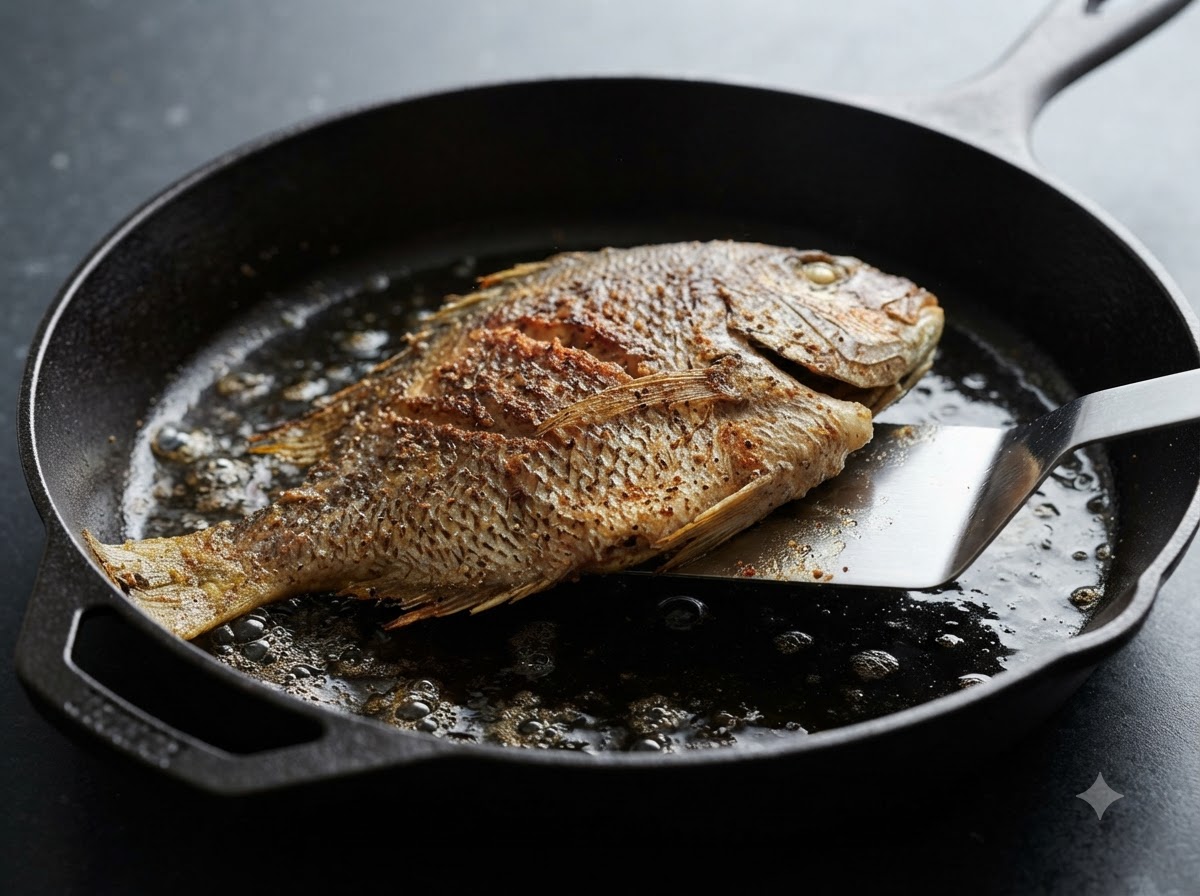 Un pesce girato con una spatola in una padella di ghisa piena dolio.