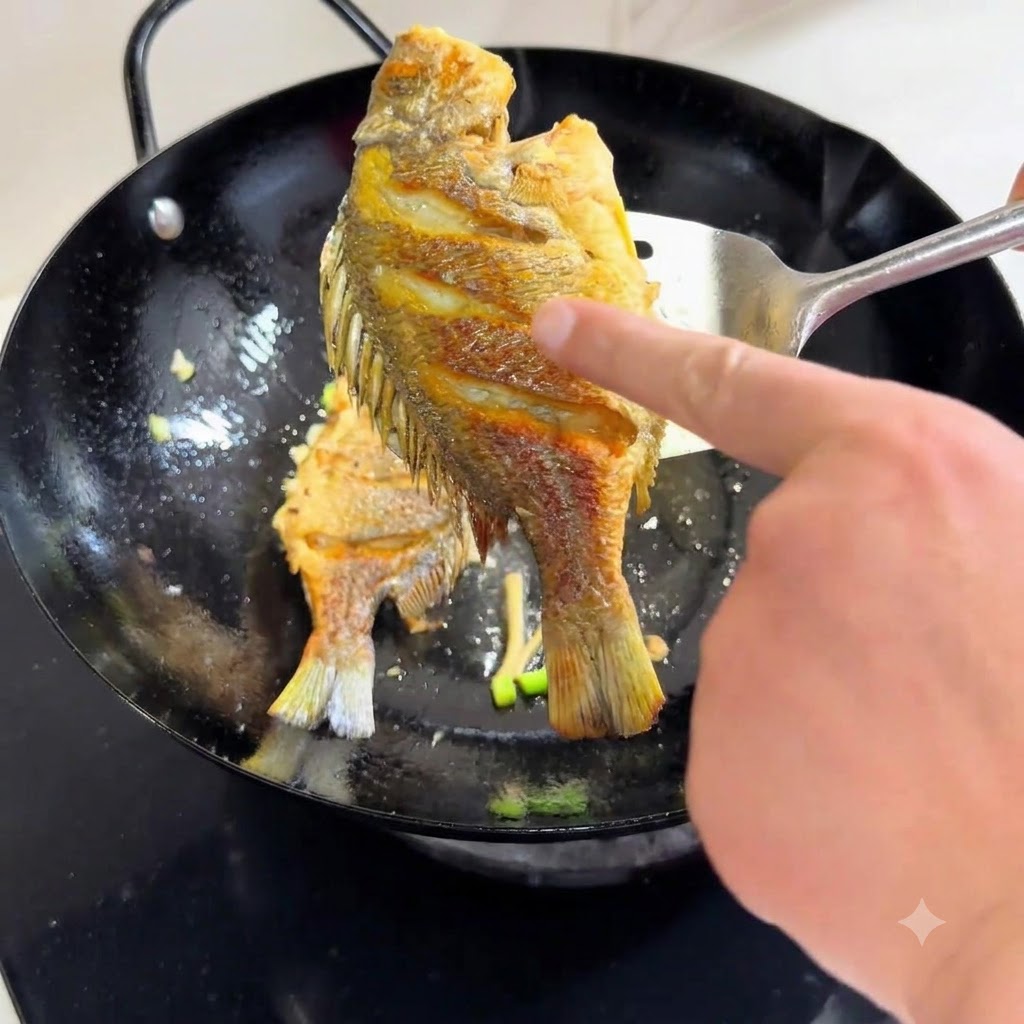 Una spatola di metallo che solleva un pesce fritto fuori da un wok per rivelare una pelle inferiore perfettamente dorata e croccante.