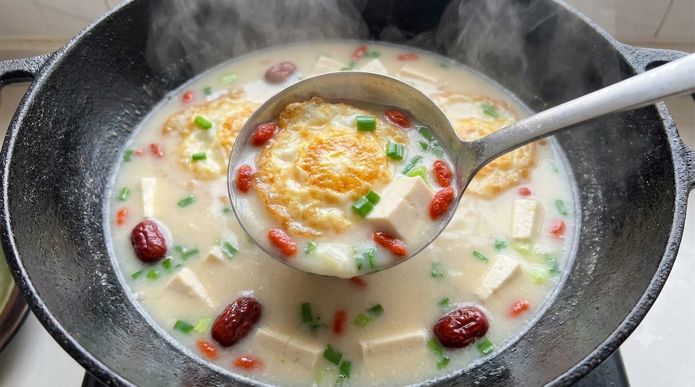 Zuppa di Pesce Coda Gialla Bianco Latte con Tofu e Uova Fritte