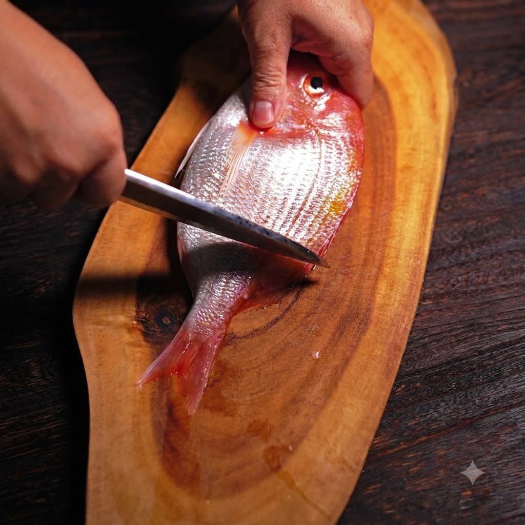 Un branzino mentre viene squamato e pulito con un coltello su un tagliere di legno.