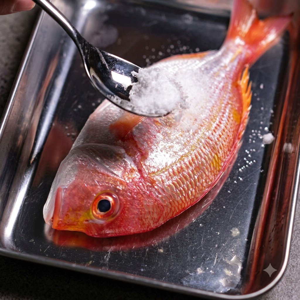 Sale e amido di mais applicati su un branzino fresco su un vassoio di metallo.