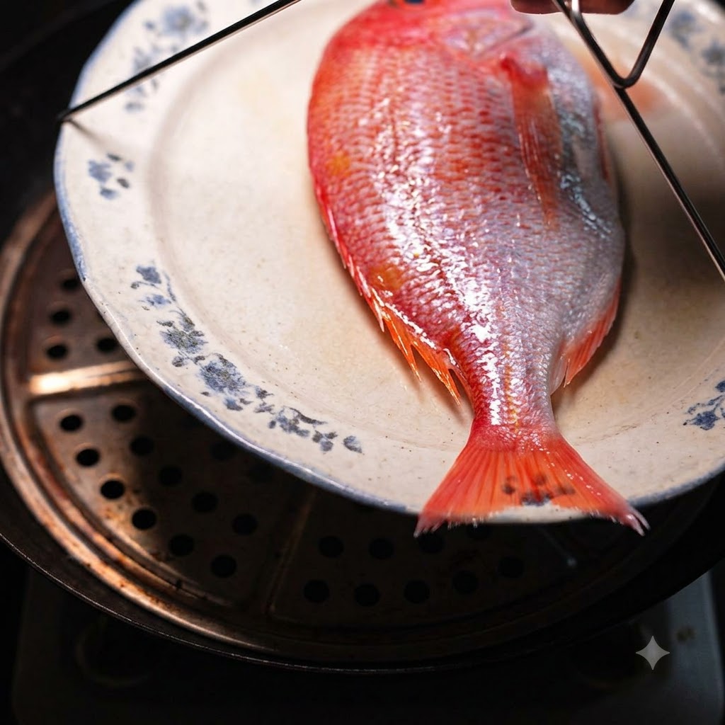 Un branzino su un piatto decorativo posizionato su una griglia per cottura a vapore sopra lacqua bollente.
