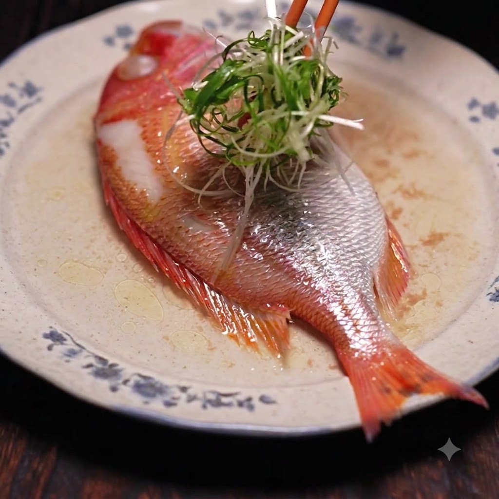 Branzino fresco cotto al vapore guarnito con un mucchietto di cipollotti verdi affettati.