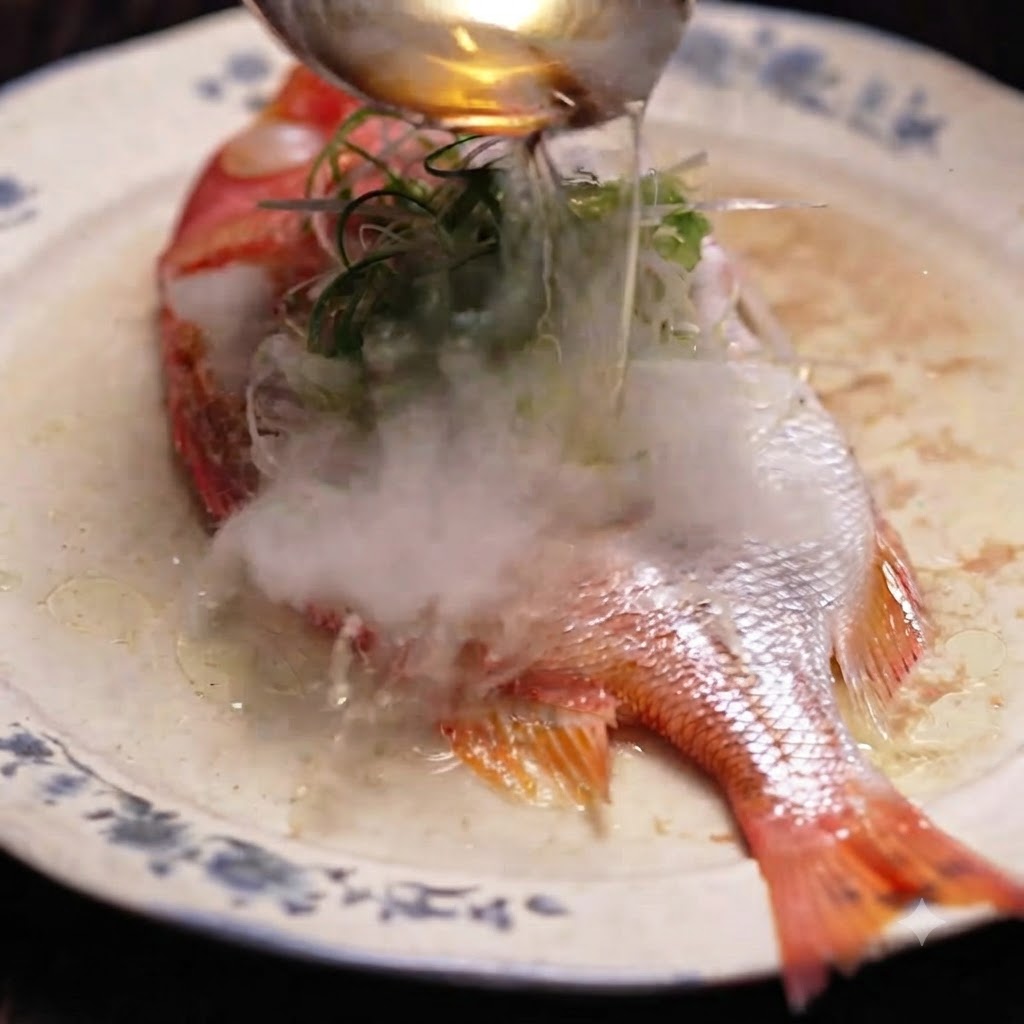 Olio caldo versato sui cipollotti affettati sopra un branzino al vapore, creando del vapore.