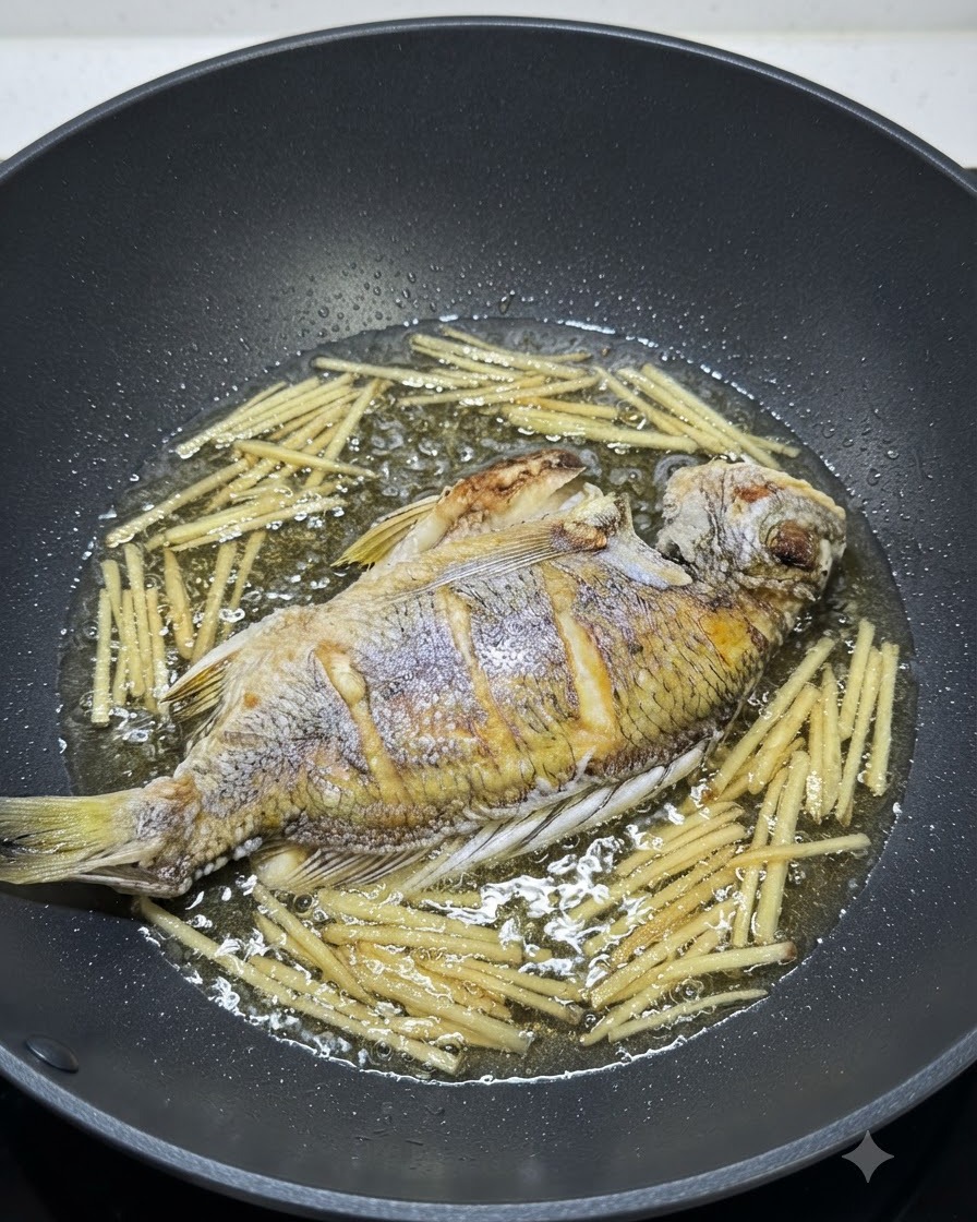 Salsa di soia versata sopra il pesce e lo zenzero in un wok.
