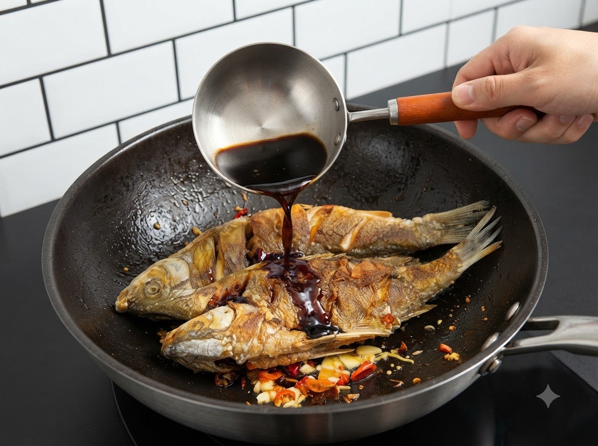 Una mano che usa un metallico mestolo per versare una miscela di salsa di soia scura sul pesce fritto e sugli aromi nel wok.