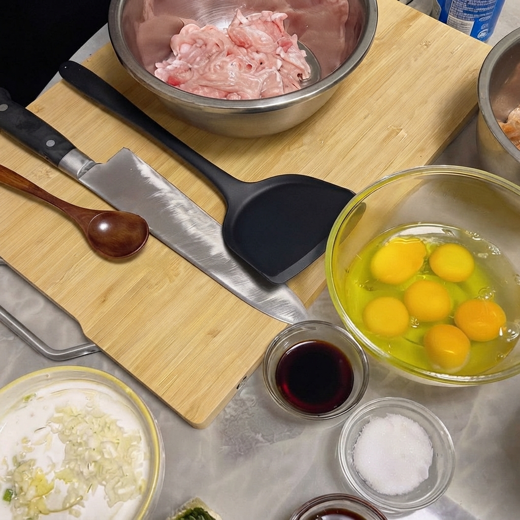 Fette di maiale magro in una ciotola di acciaio inox mescolate con salsa di soia, aglio e spezie.