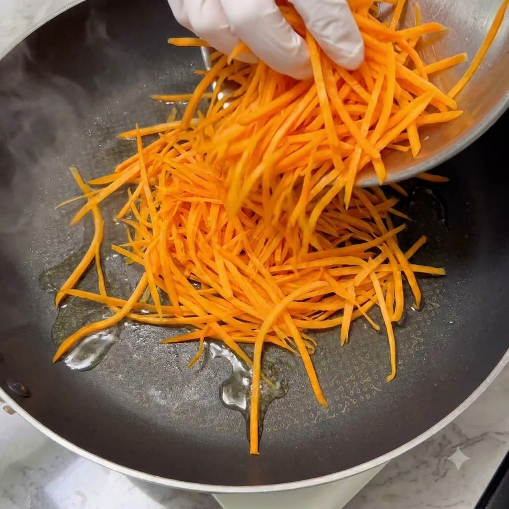 Carote finemente tagliate a julienne che cuociono in una padella calda con olio e una spatola.