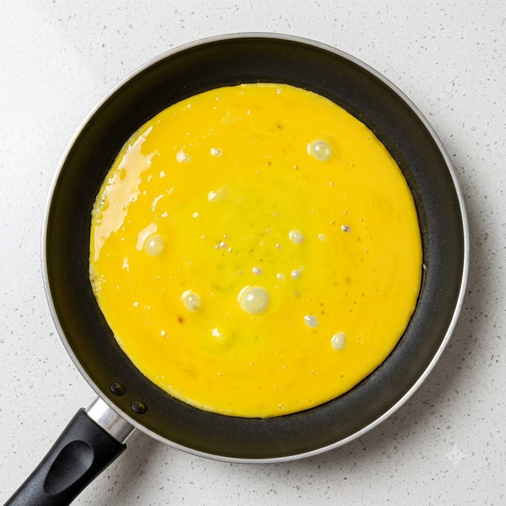 Una spessa frittata di uova gialla rotonda che cuoce allinterno di una padella.