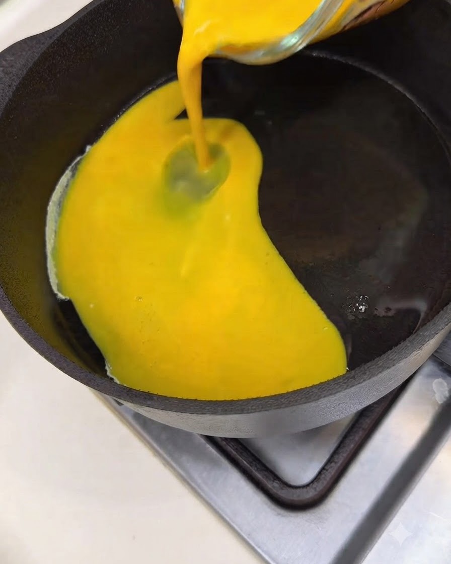 Uova gialle sbattute versate in una padella di ghisa calda e unta.