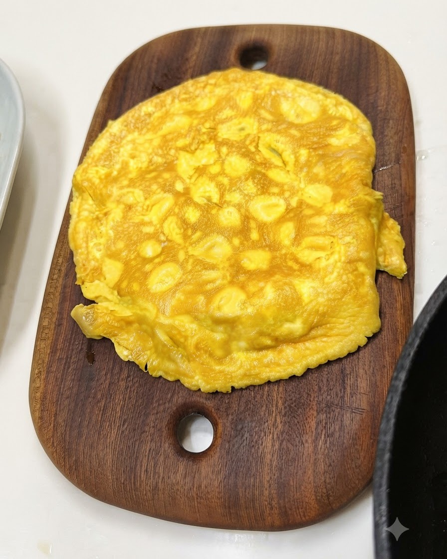 Una frittata di uova gialla cotta adagiata su un tagliere ovale di legno.