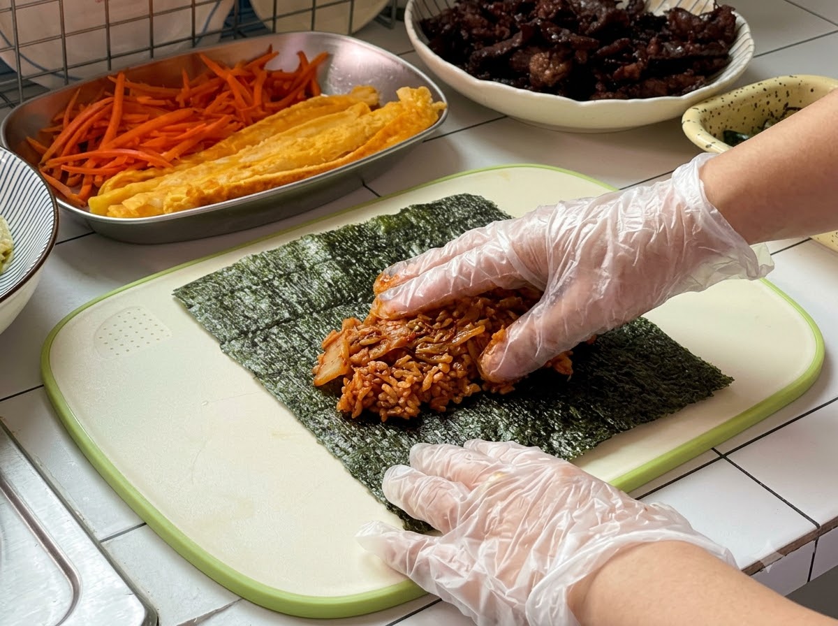 Mani con guanti che stendono uno strato di riso fritto al kimchi su un foglio di alga.