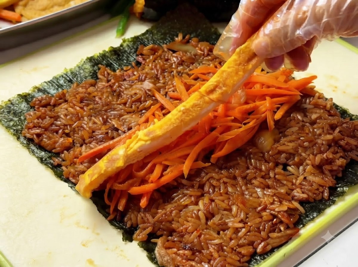 Una mano che posiziona una striscia duovo sugli ingredienti stratificati sopra il riso.