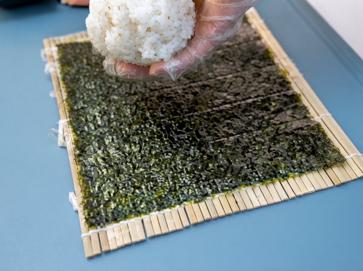 Una mano che posiziona una pallina di riso bianco su un foglio di alga nera sopra un tappetino di bambù.