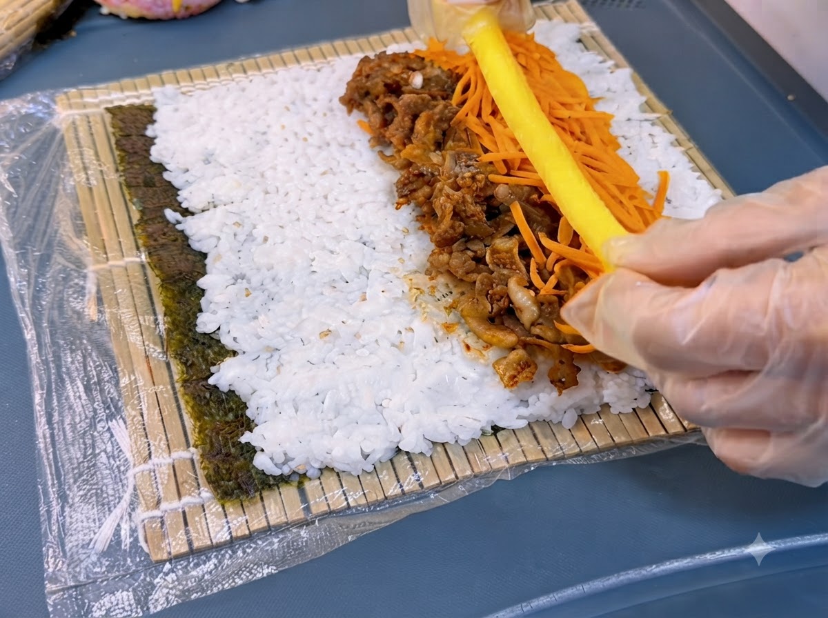 Una mano che posiziona una lunga striscia di ravanello giallo marinato vicino alle carote e alla carne sul riso.