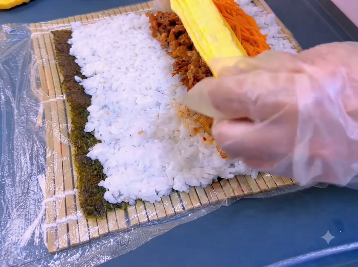 Una striscia di uovo giallo adagiata sulle carote e sul ripieno di carne su uno strato di kimbap.