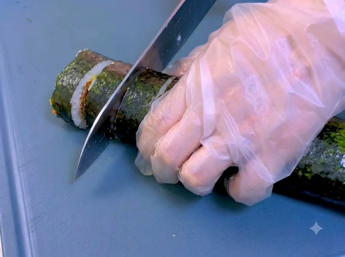 Un coltello affilato che taglia un rotolo di kimbap di alga su un tagliere blu.