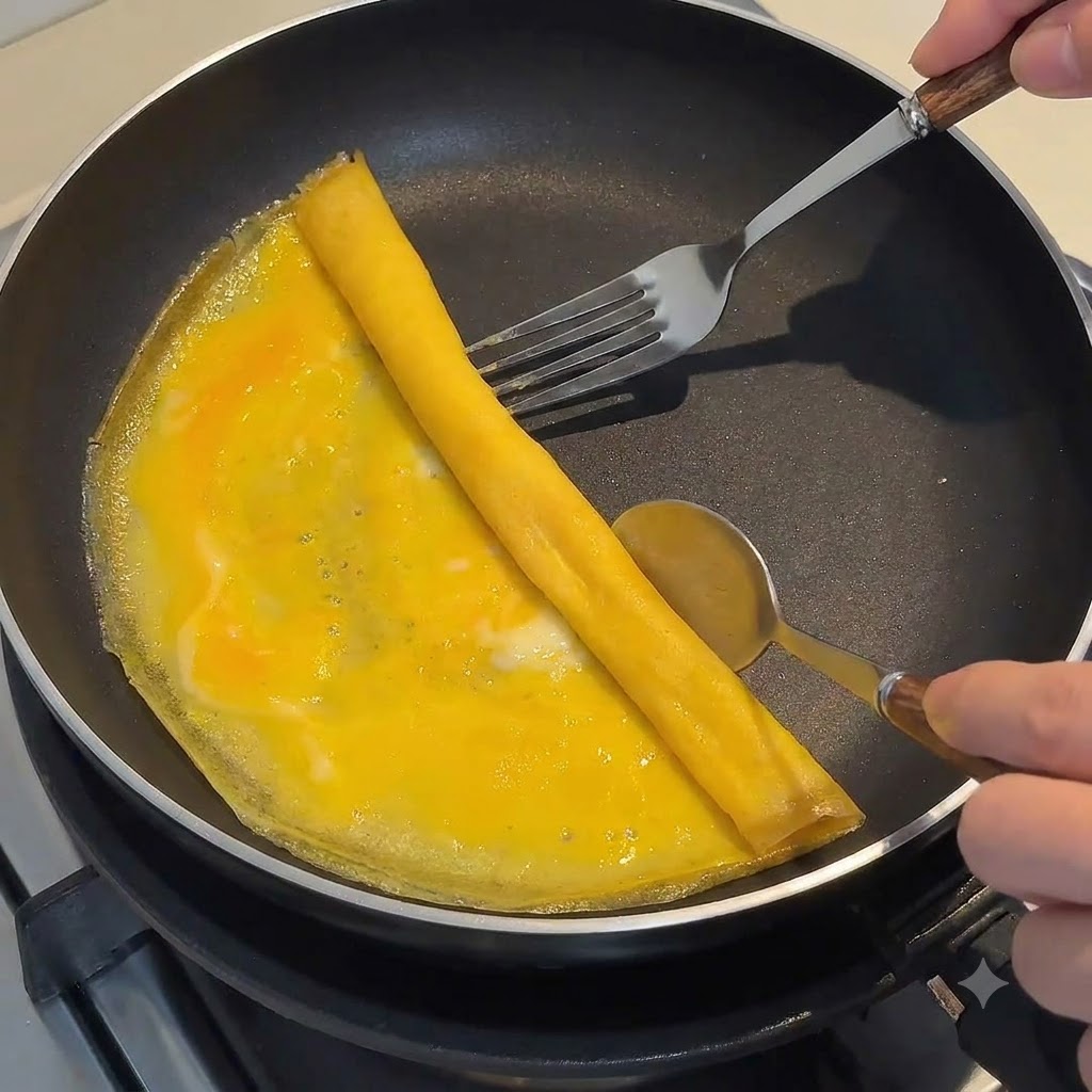 Una sottile sfoglia duovo che viene arrotolata strettamente con una forchetta e un cucchiaio in una padella.