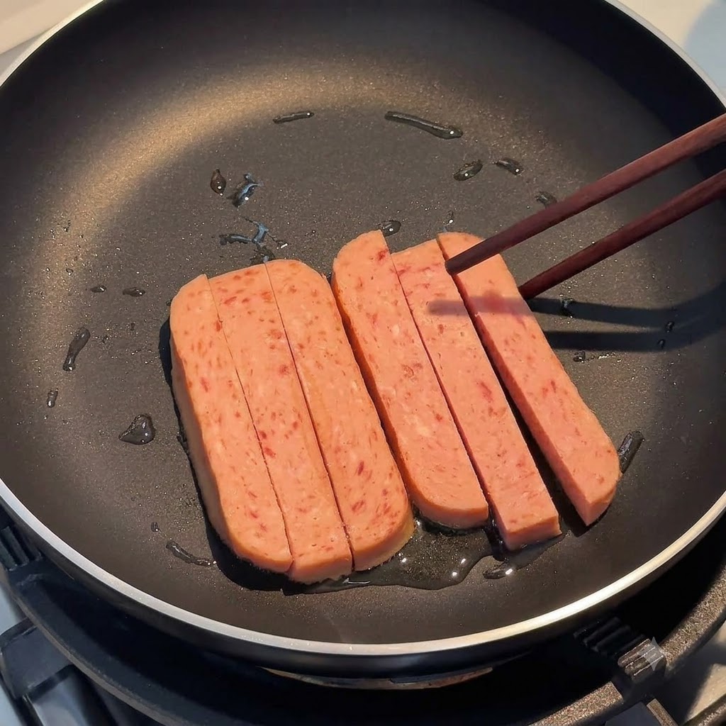 Strisce di carne in scatola che friggono in una padella, tenute e girate con bacchette di legno.