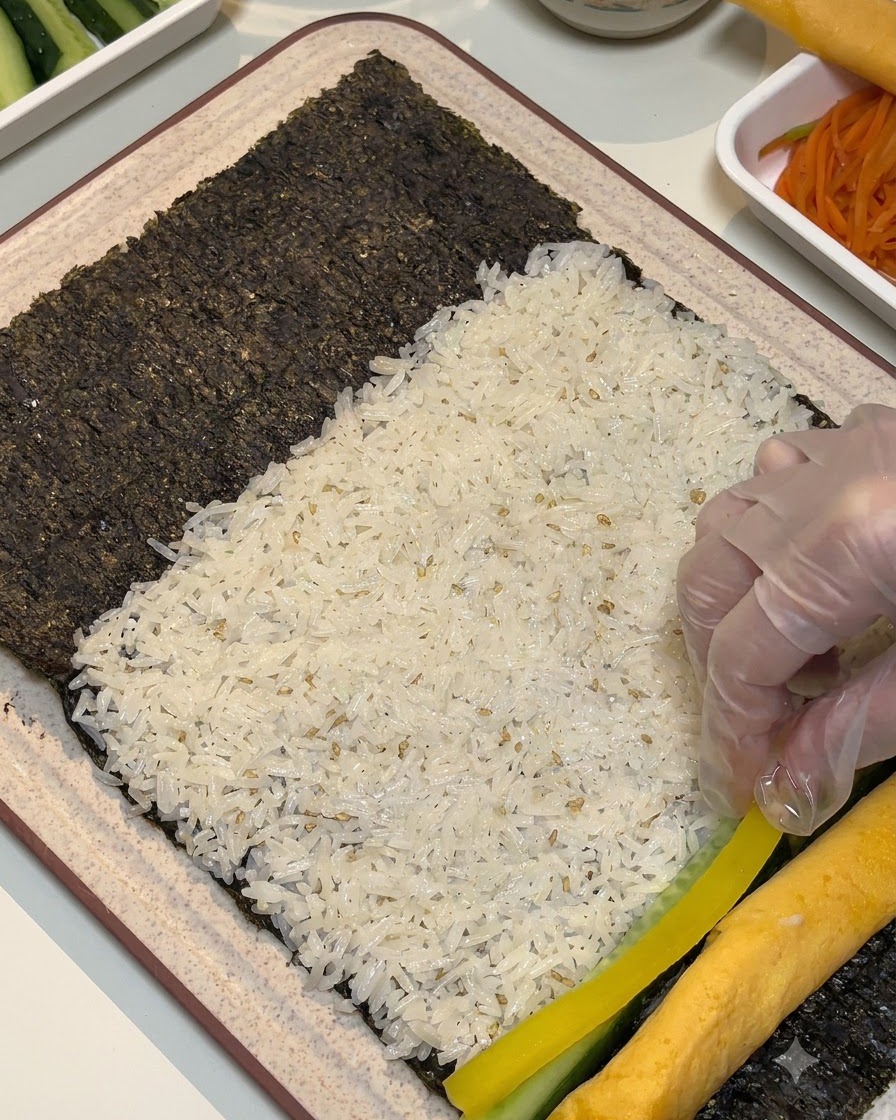 Mani guantate che posizionano ravanello giallo marinato accanto a un rotolo duovo cotto e riso.