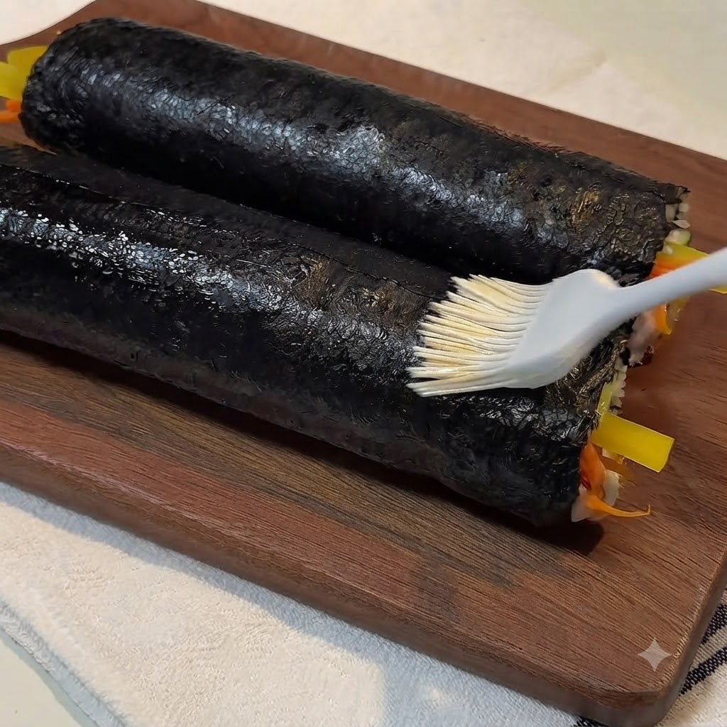 Un pennello in silicone che applica un lucido strato di olio di sesamo su due rotoli di alghe finiti su un tagliere di legno.