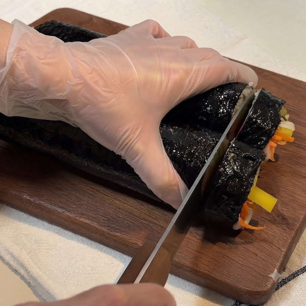 Un coltello affilato che taglia un lungo gimbap arrotolato su un tagliere di legno per creare pezzi delle dimensioni di un boccone.