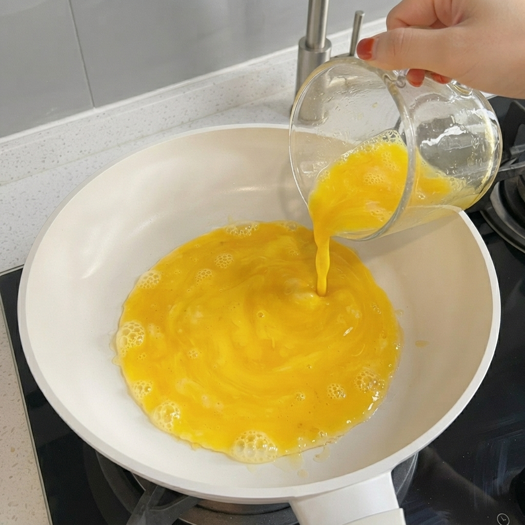 Misto di uova sbattute che si espande su una padella calda per formare un sottile strato.