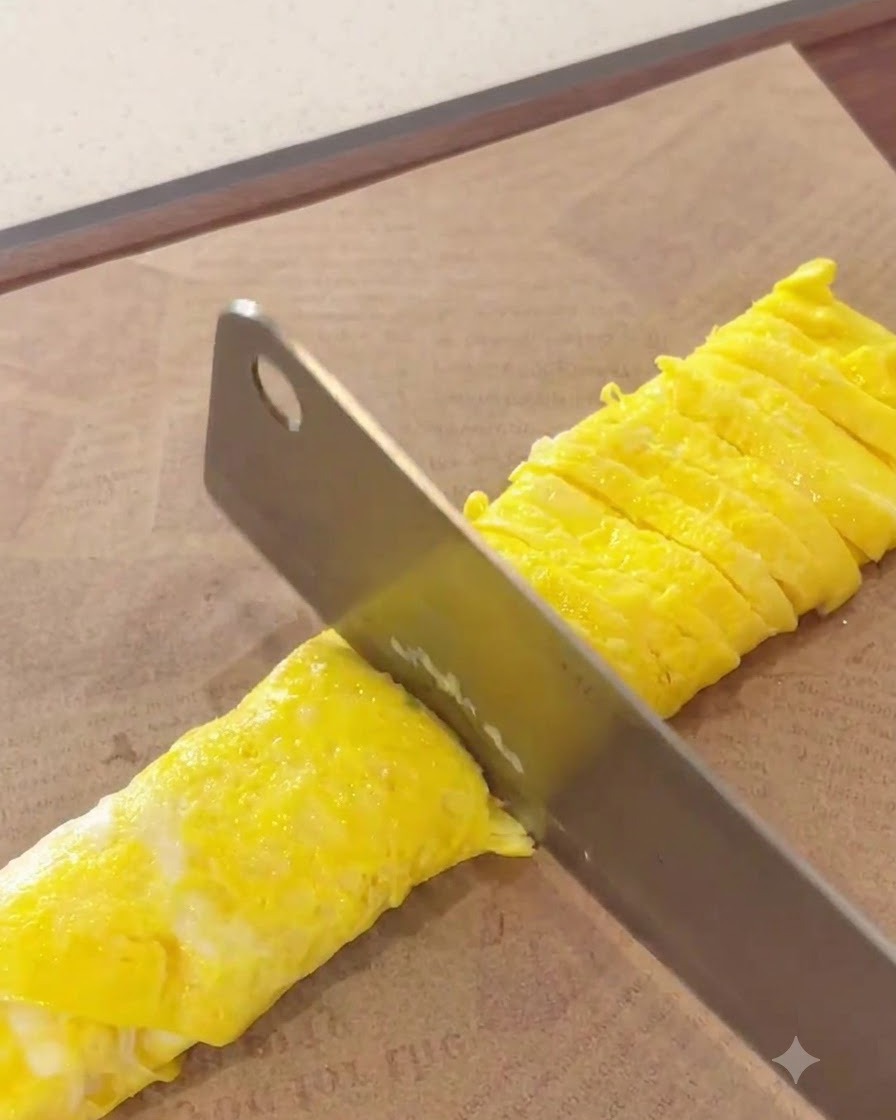 Una frittatina di uova arrotolata tagliata ordinatamente in sottili strisce gialle su un tagliere.