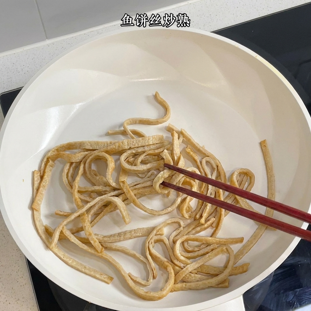 Strisce di torta di pesce saltate in una padella bianca con le bacchette.
