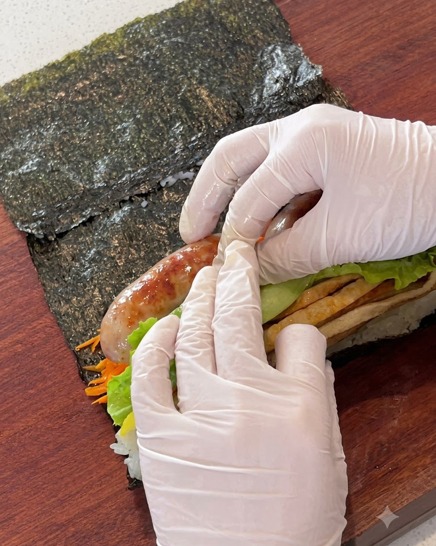 Salsicce saltate in padella e foglie di lattuga fresca posizionate sopra i ripieni del kimbap.