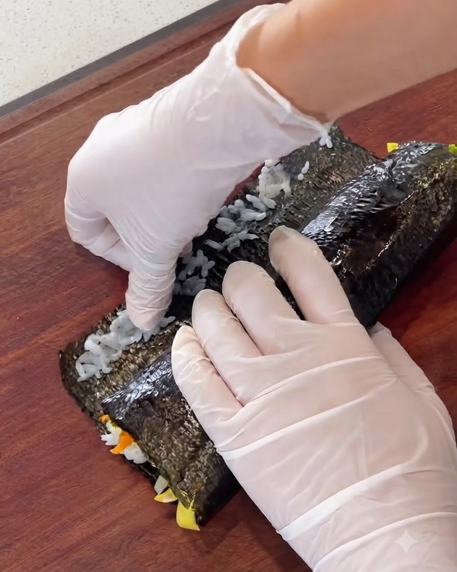 Mani che arrotolano saldamente il foglio di alga e i ripieni in un cilindro spesso.