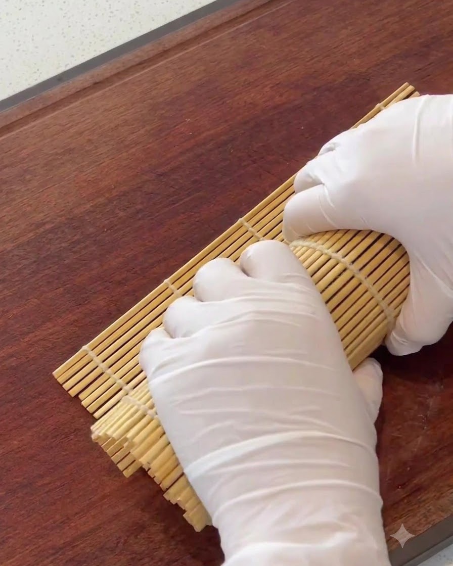 Un tappetino di bamboo utilizzato per modellare e rassodare il rotolo di kimbap.