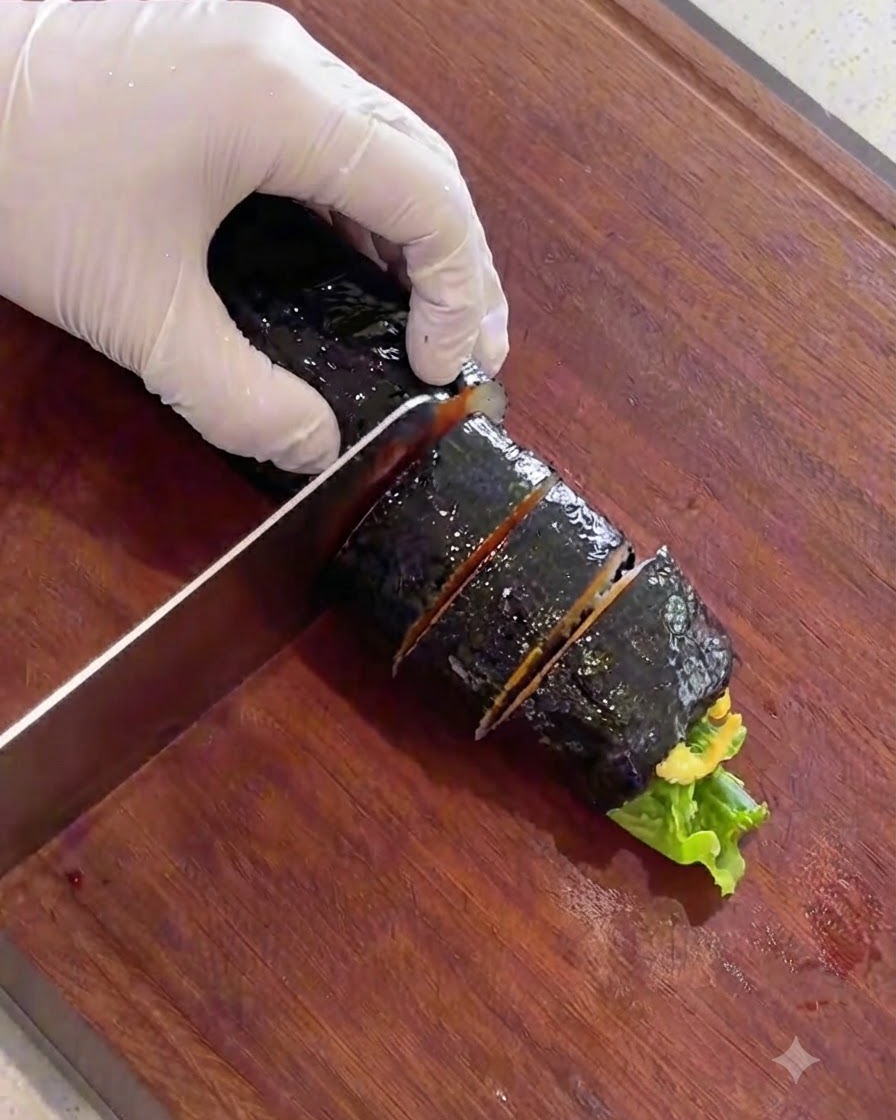 Un coltello affilato che affetta un rotolo di kimbap oleato in pezzi ordinati delle dimensioni di un boccone su un asse di legno.