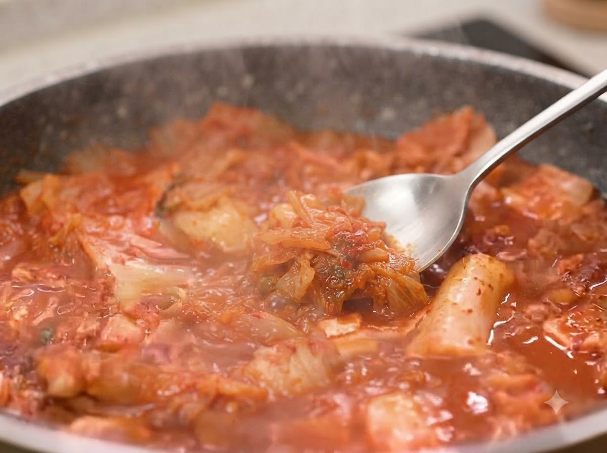 Aglio tritato e salsa di soia leggera aggiunti nella padella e mescolati accuratamente con il kimchi e il maiale.